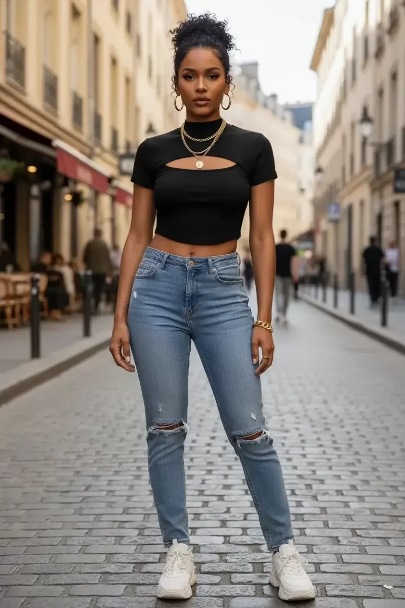 Kadın Siyah Modern Fit Göğüs Dekolteli Yarım Kollu Cut Out Crop Top Bluz