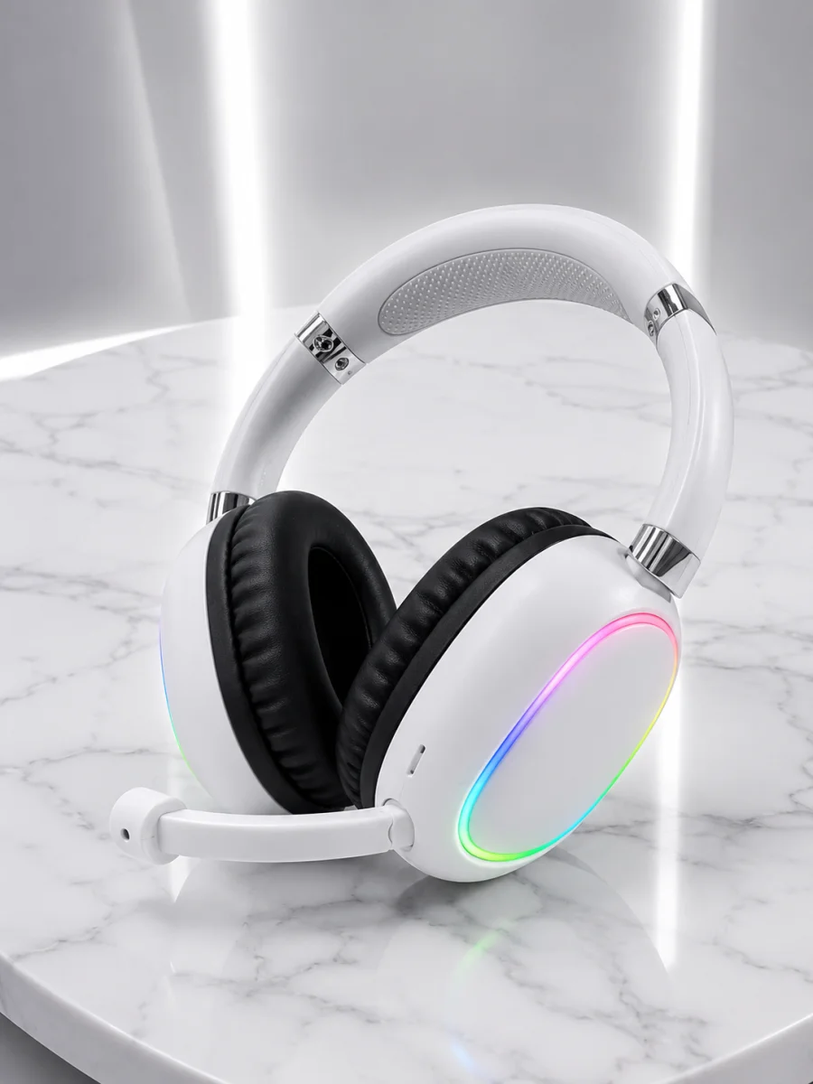 Bluetooth 5.0 Beyaz Kulak Üstü Kablosuz Kulaklık Mikrofonlu RGB Aydınlatmalı