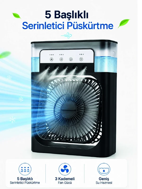 Modern Püskürtmeli Masaüstü Fan Geniş Su Haznesi, 5 Sis Çıkışı, 3 Kademe Fan Gücü