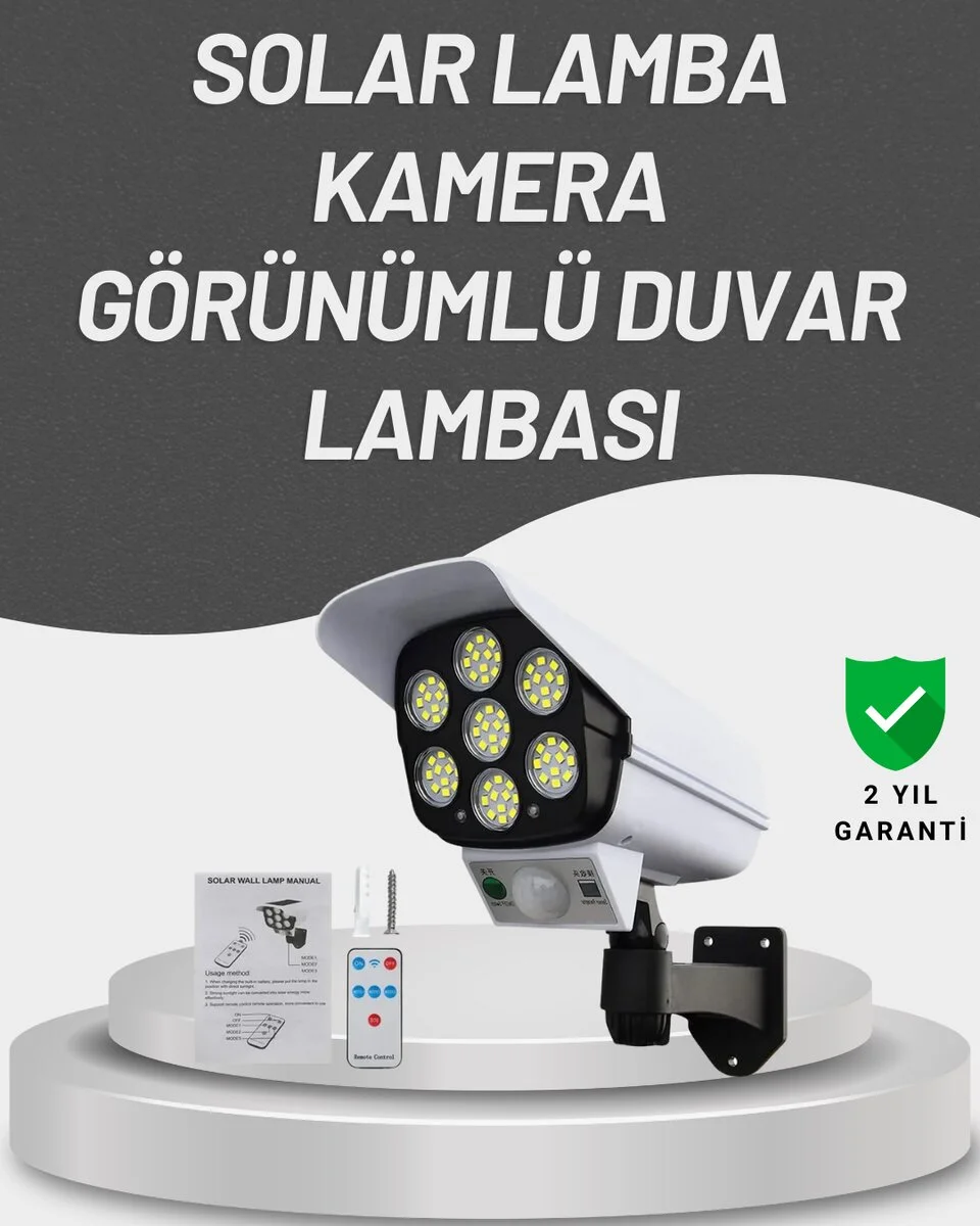 77 LED'li Güneş Enerjili Güvenlik Lambası ve Kukla Kamera – Hareket Sensörlü 2400mAh Pilli