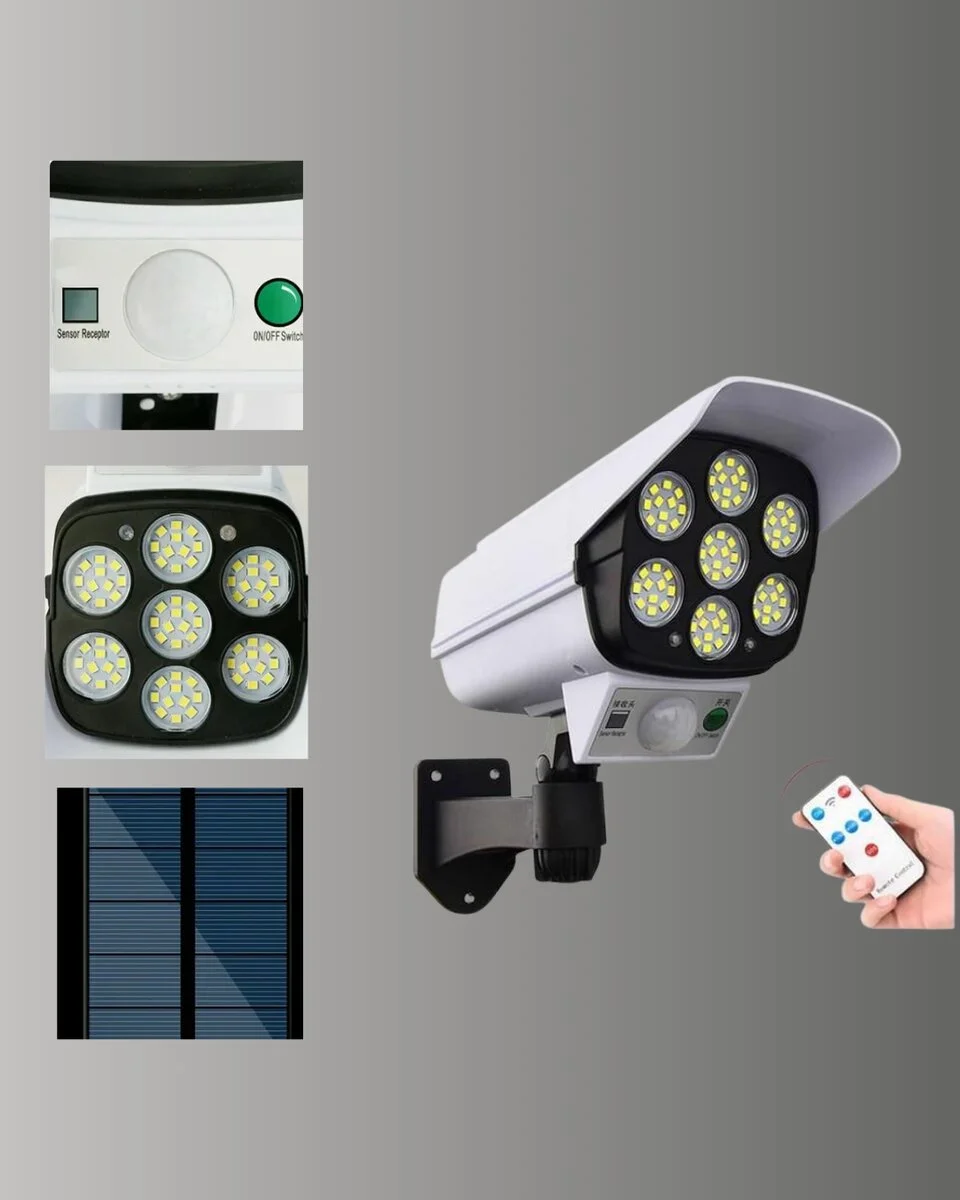 77 LED'li Güneş Enerjili Güvenlik Lambası ve Kukla Kamera – Hareket Sensörlü 2400mAh Pilli