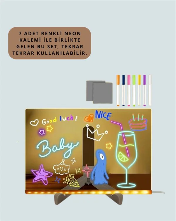 Şık ve Modern LED Pano – Neon Işıklı Silinebilir Akrilik Yazı Tahtası 7 Renkli Kalem Dahil