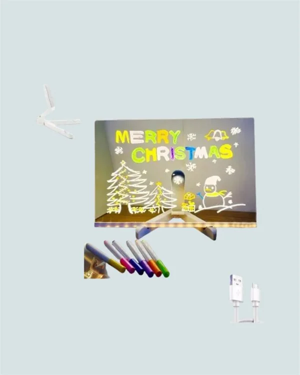 LED Işıklı Şeffaf Yazı Tahtası – Neon Etkili Akrilik Pano Silinebilir 7 Renkli Kalemli 30x20 cm