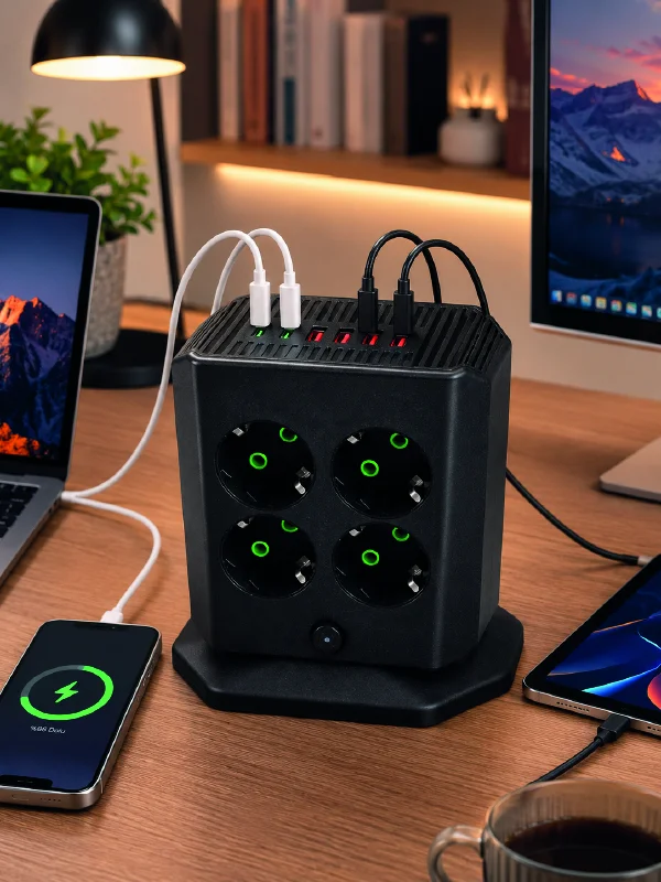 8'li Dikey Çoklu Priz 4 USB 2 Type-C Girişli Akım Korumalı Uzatma Prizi
