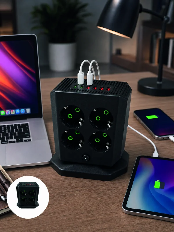8'li Dikey Çoklu Priz 4 USB 2 Type-C Girişli Akım Korumalı Uzatma Prizi