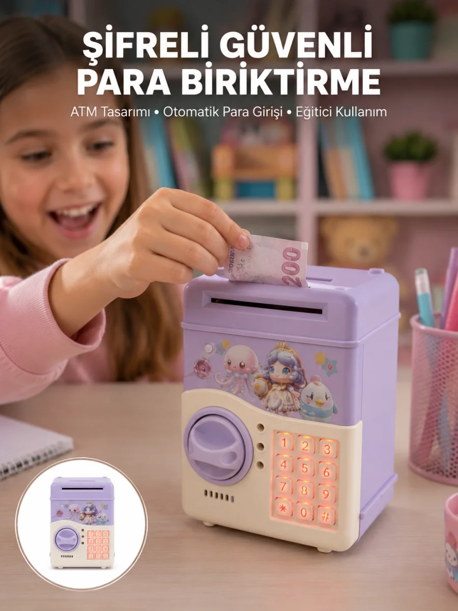 Çocuklar İçin Elektronik Şifreli Para Biriktirme Kumbarası Mor