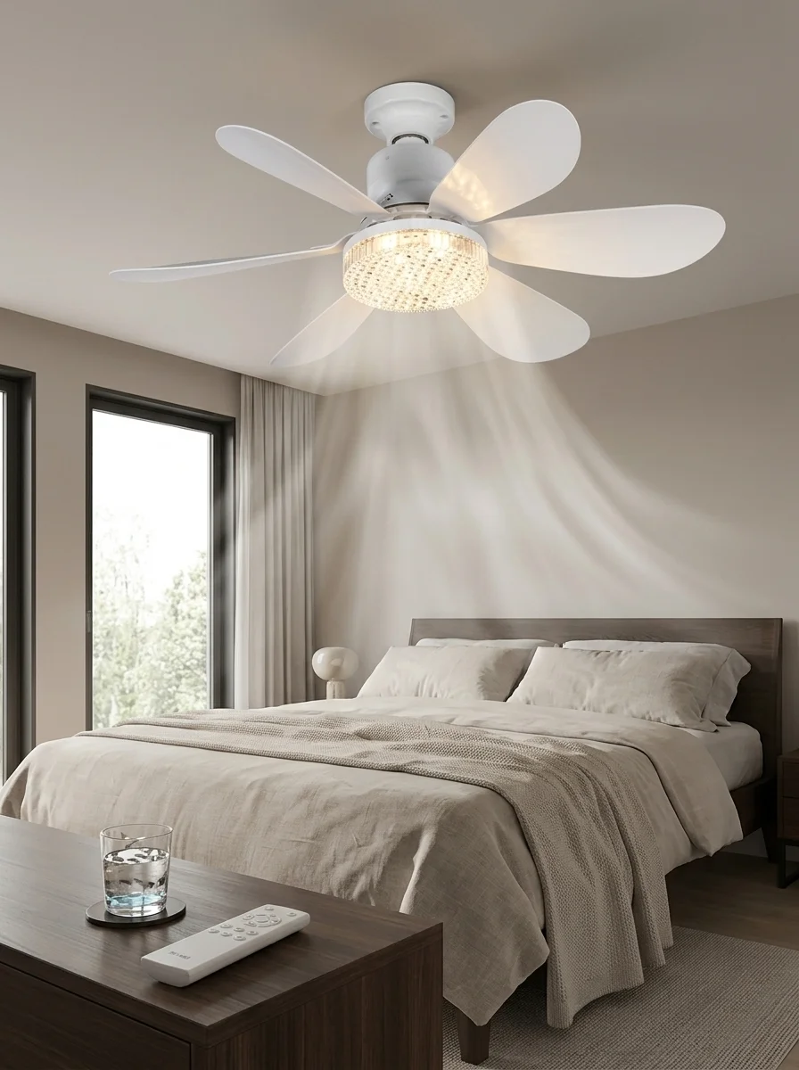 Crystal Aura 52 cm Ultra Sessiz LED Tavan Vantilatörü | 3 Kademeli Bakır Motor | Kumandalı Kristal Avize Vantilatör