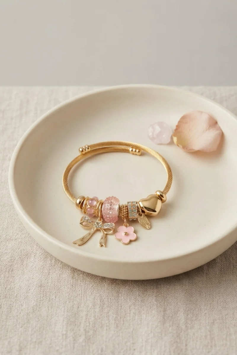 Fiyonk Charmlı Pembe Renk Gold Bileklik