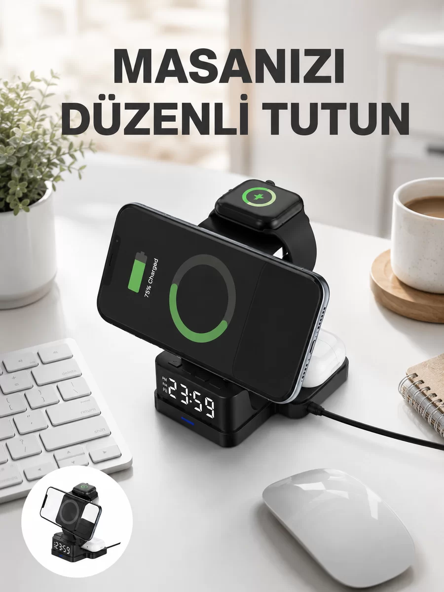 Dijital Saatli Kablosuz Şarj İstasyonu – 3’ü 1 Arada Apple Uyumlu Hızlı Şarj ve LED Ekran Yeni Nesil