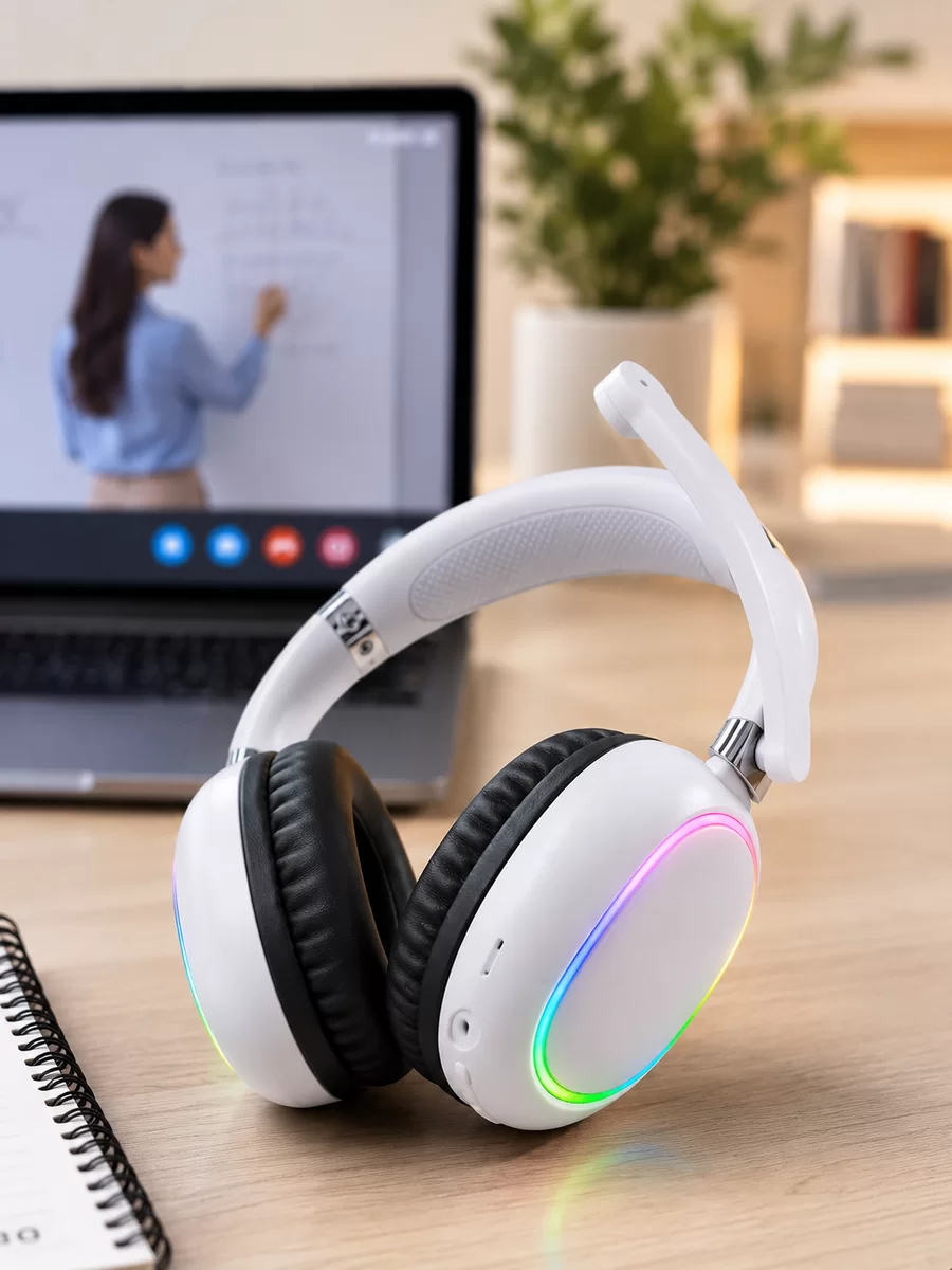 Kablosuz Bluetooth Mikrofonlu Beyaz Kulaklık  RGB Işıklı