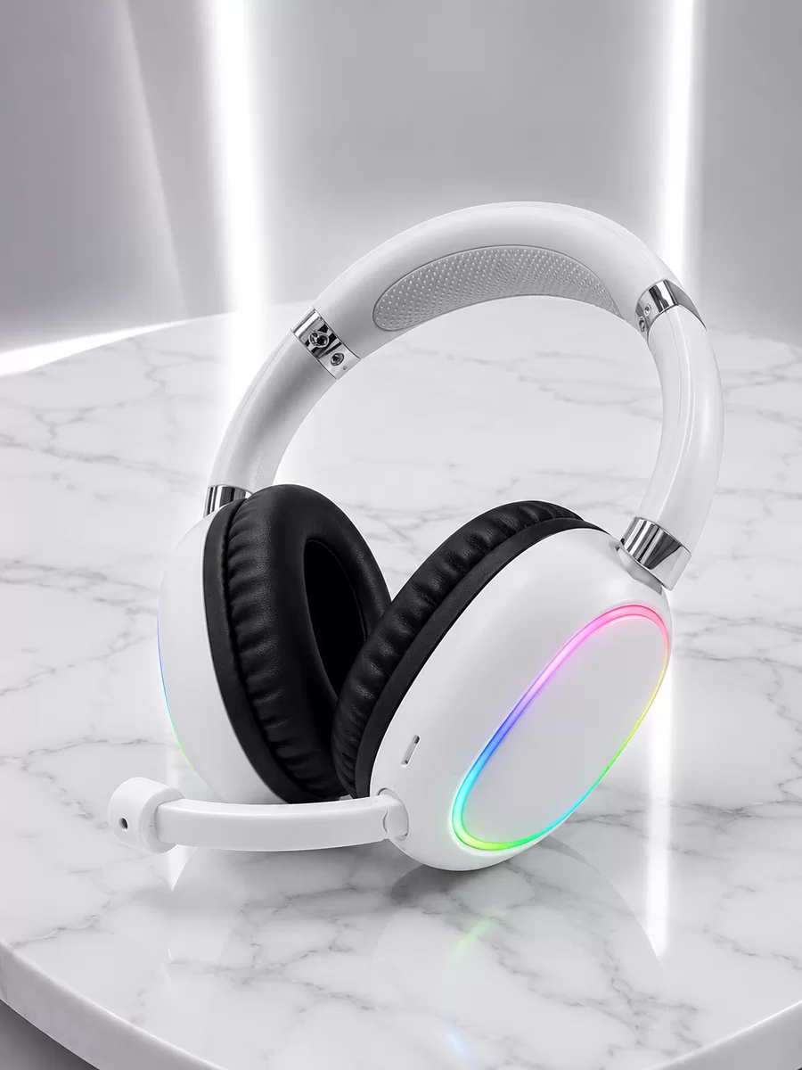RGB Işıklı Mikrofonlu Bluetooth Kulaklık Beyaz Over-Ear Tasarım Type-C Şarjlı