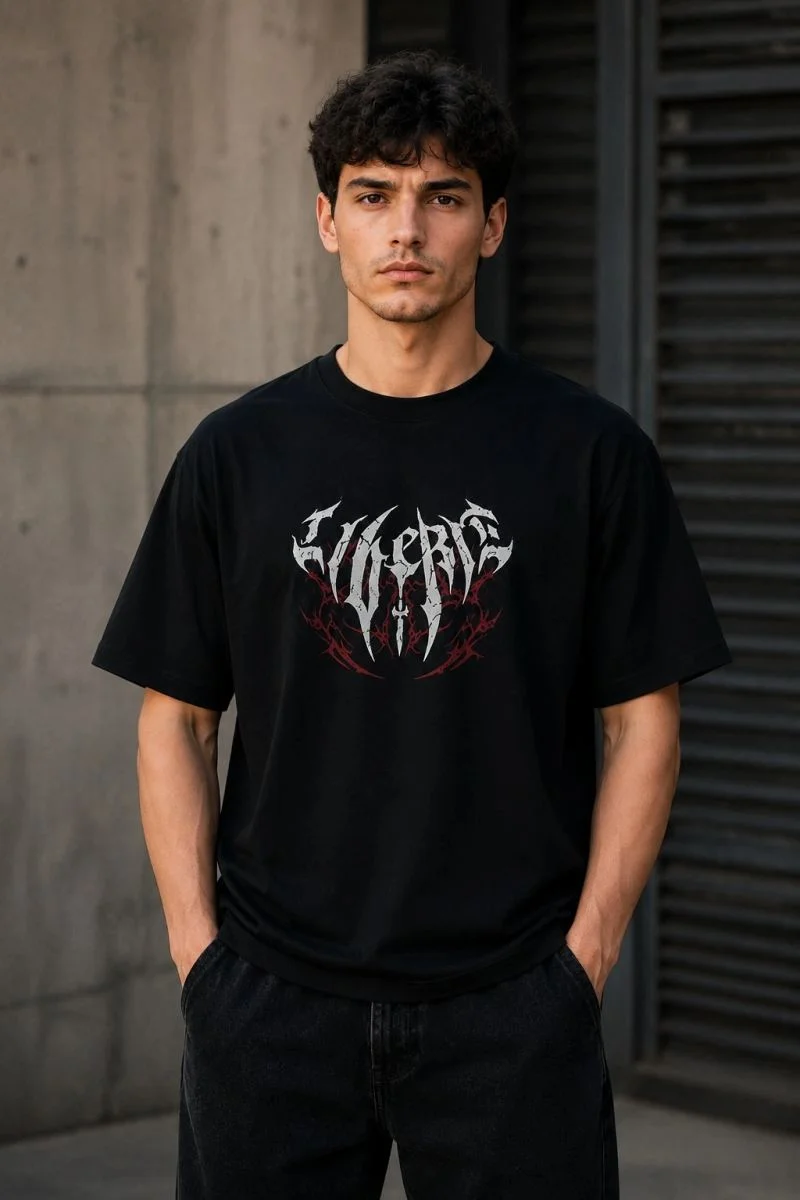 Erkek Gotik Yazı Baskılı Oversize Bisiklet Yaka T-Shirt - Siyah
