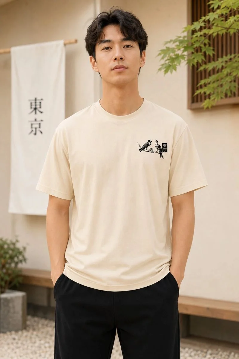 Erkek Ön ve Arka Tokyo Kuş Çiçek Baskılı Oversize T-Shirt - Ekru