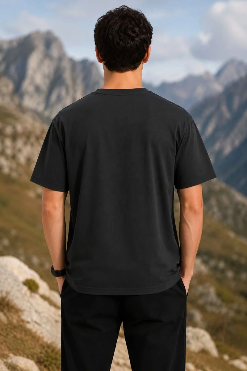 Erkek Outdoor Pusula Dağ Baskılı Kısa Kollu Oversize T-Shirt - Siyah