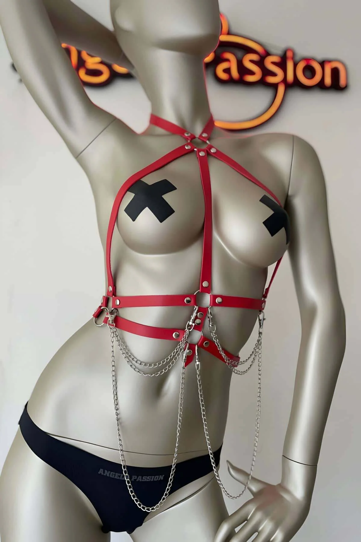 Kırmızı Ve Zincir Detaylı Şık Deri Harness - Brf3