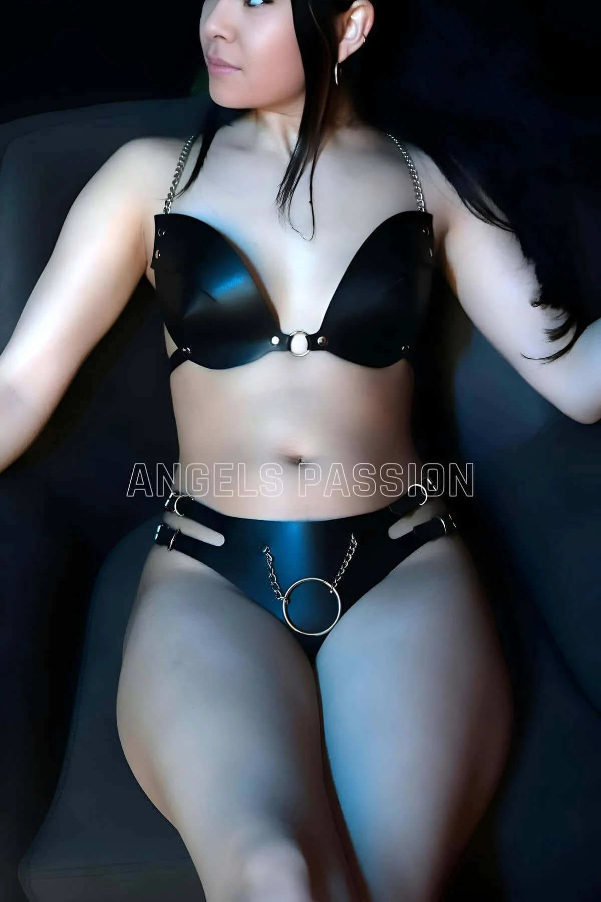 Deri Seksi Sütyen Takım, Deri Fantezi İç Giyim, Zincir Detaylı Sütyen Harness Takım - Brf1223