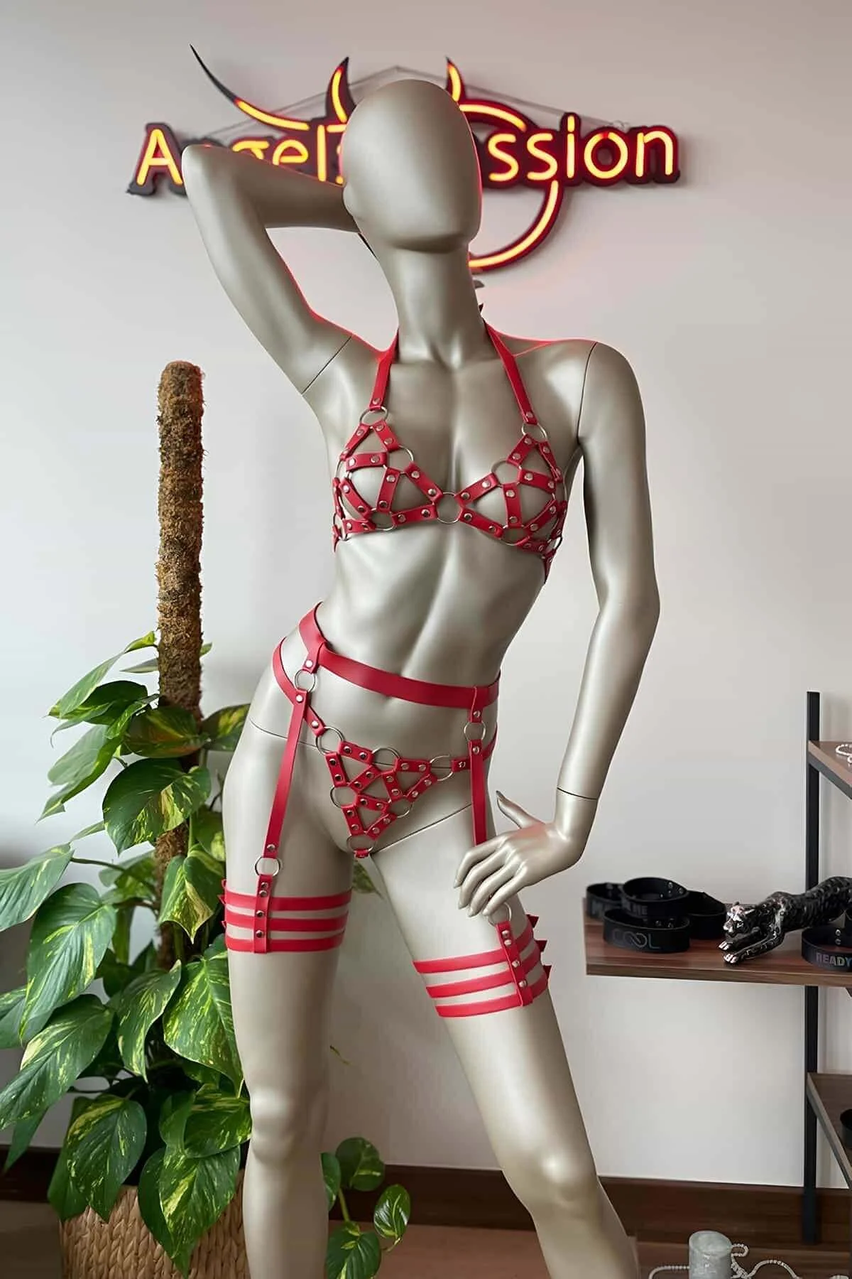 Kırmızı Deri Bdsm Fantazi Jartiyer Takım