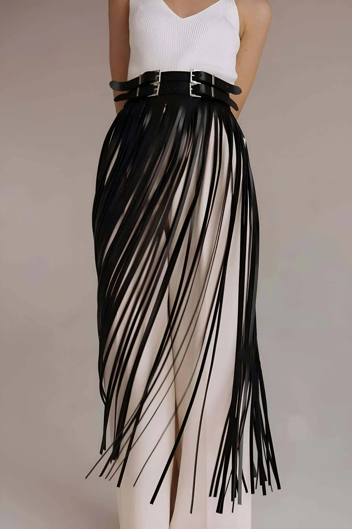 Püsküllü Deri Etek, Bel Üzeri Şık Püsküllü Deri Etek - Brf1090