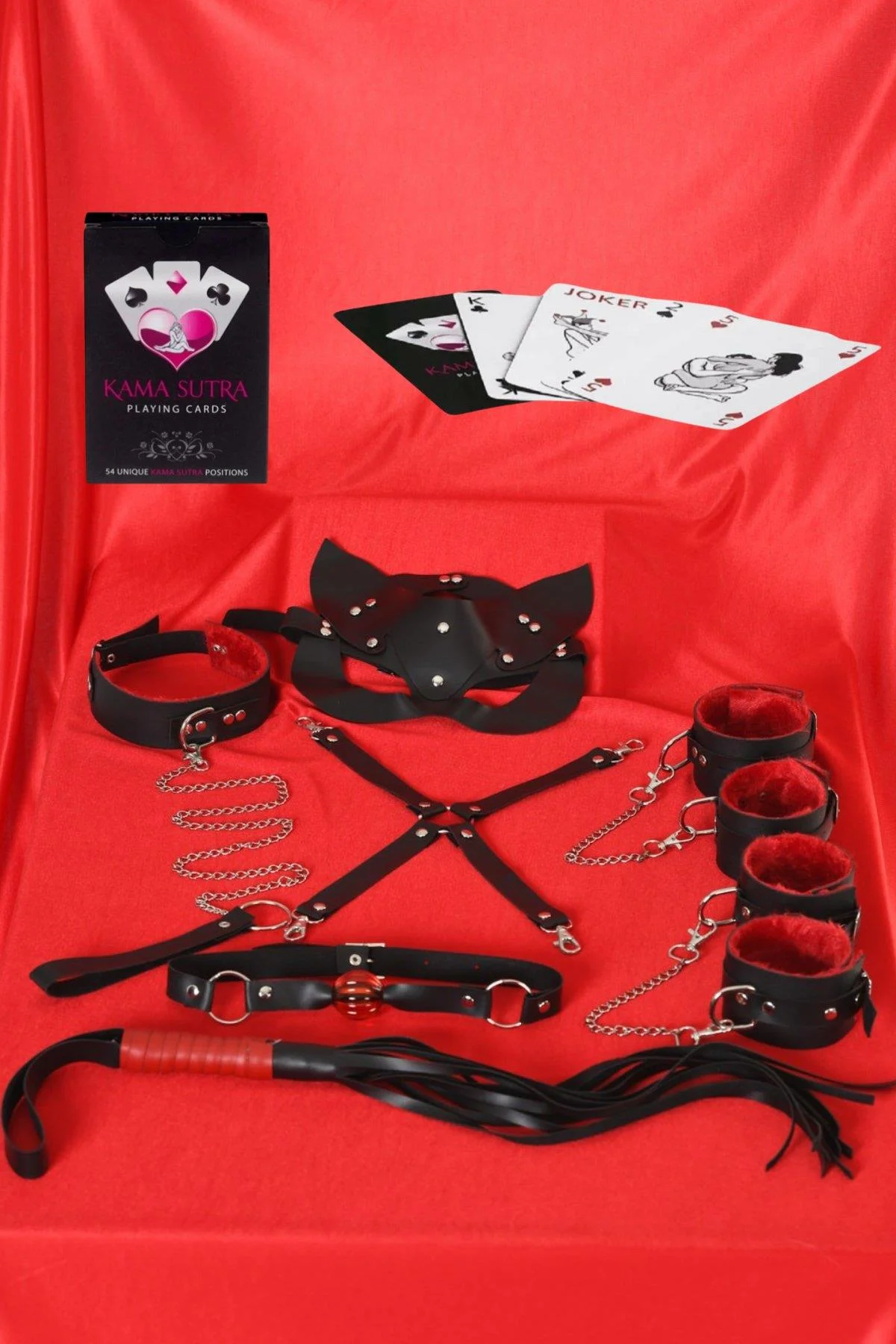 Sexy Görselli Oyun Kartı Kama Sutra 7'li Kırmızı Siyah Harness Set