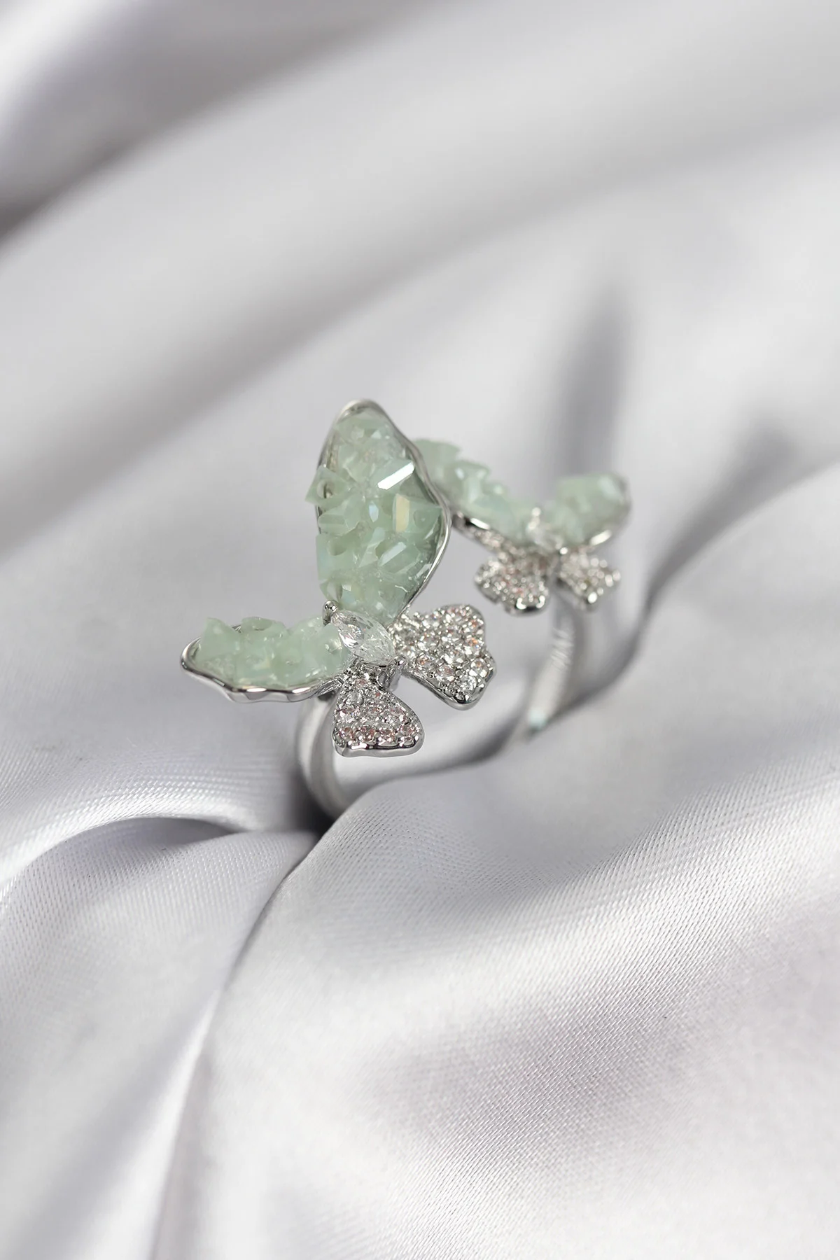 Gümüş Renk Su Yeşili Kelebek Model Zirkon Taşlı Kadın Yüzük