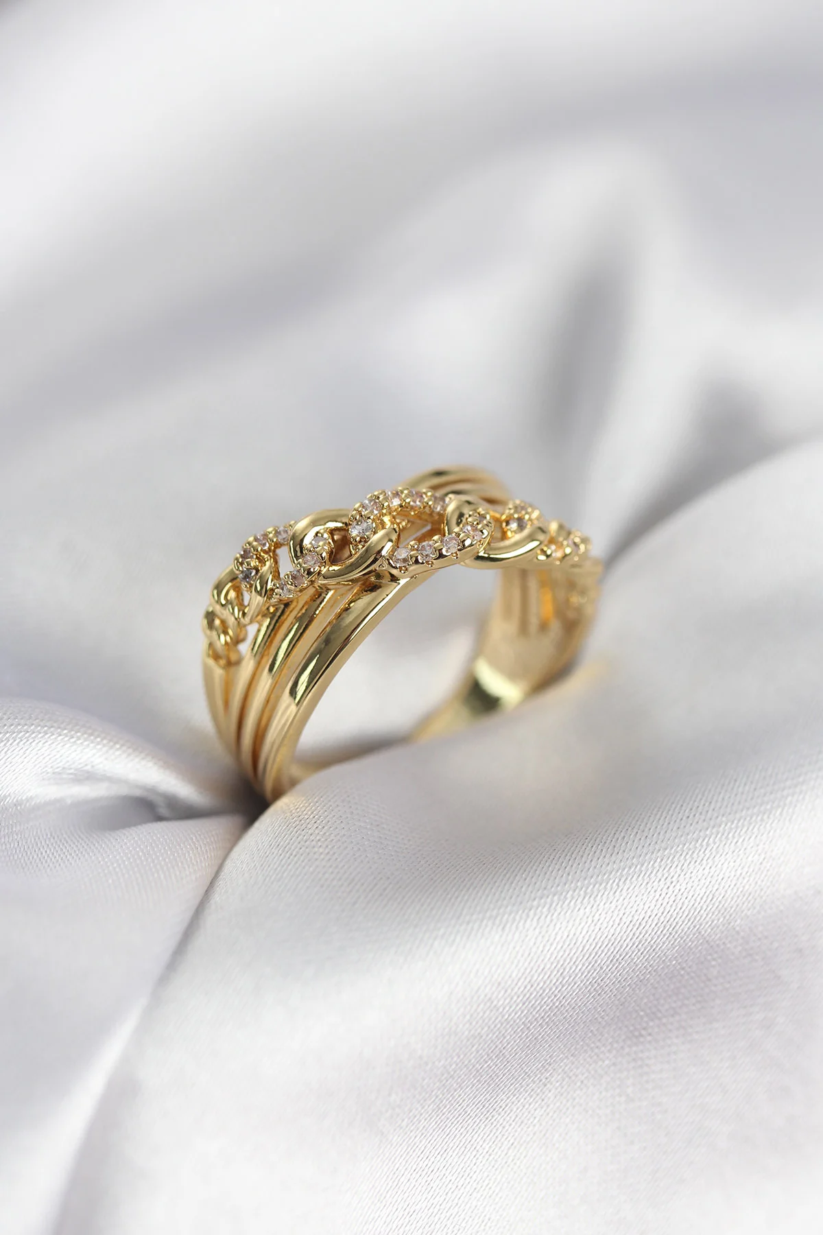 Gold Renk Zirkon Taşlı Zincir Model Kadın Yüzük