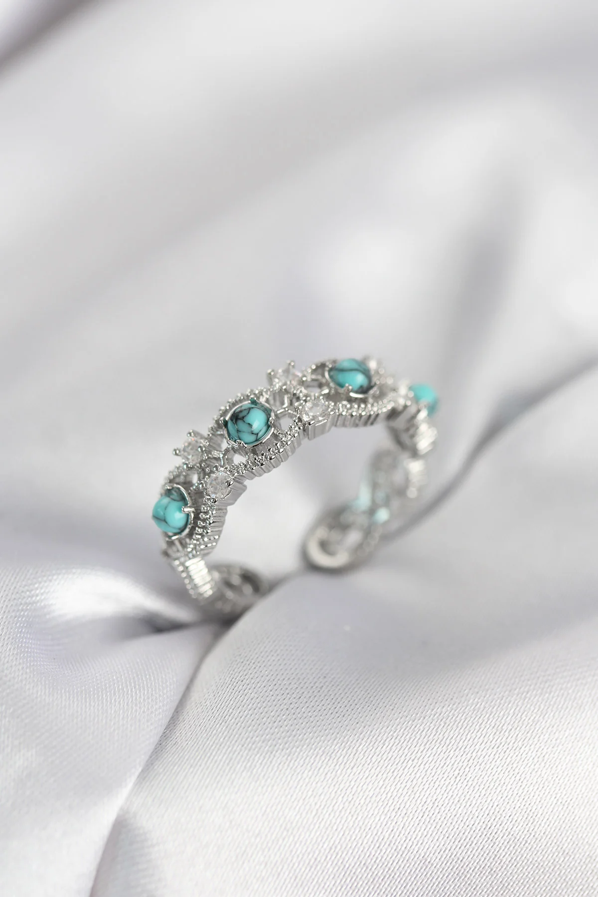 Mavi Taşlı Gümüş Renk Vintage Kadın Yüzük