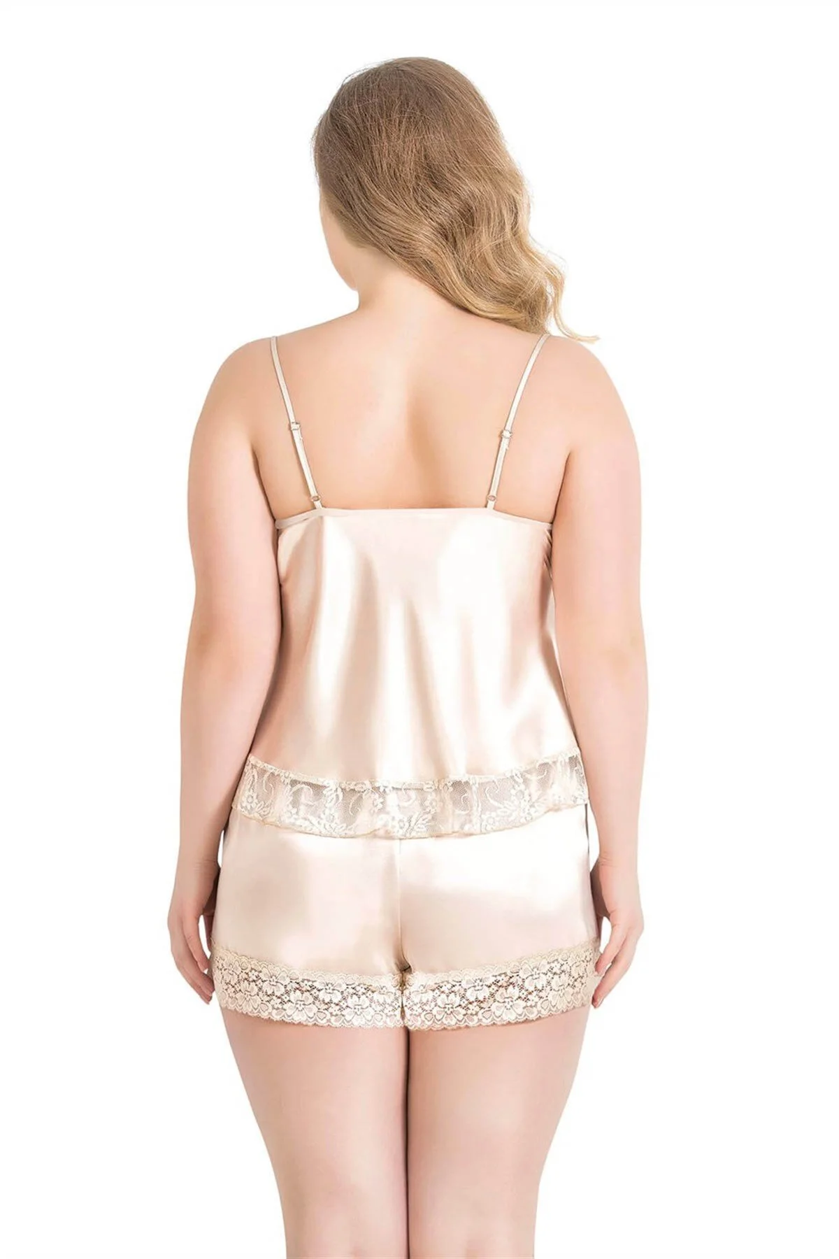 Büyük Beden Fildişi Saten Babydoll Şort Takımı
