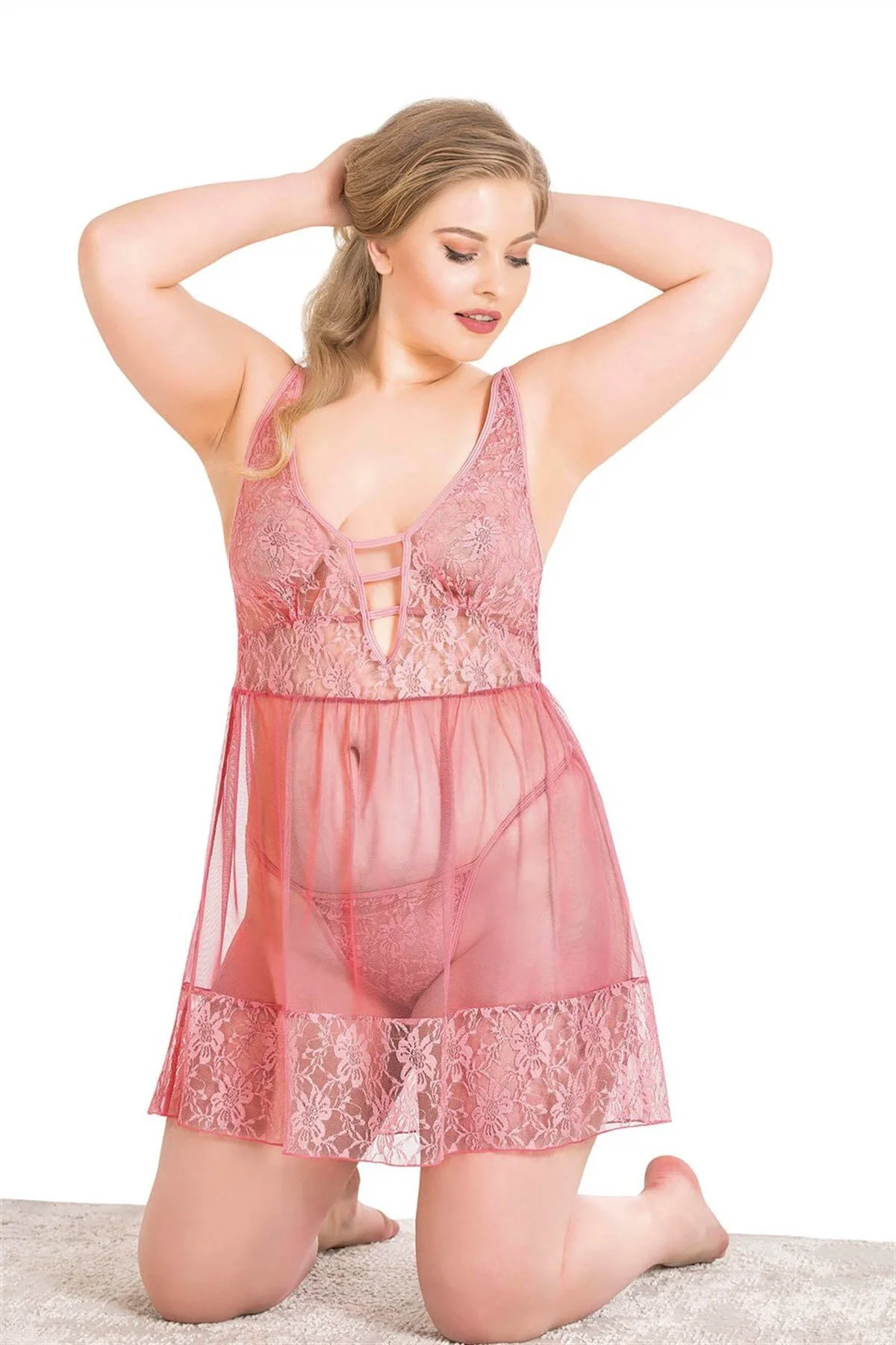 Büyük Beden Mercan Kısa Tül Gecelik