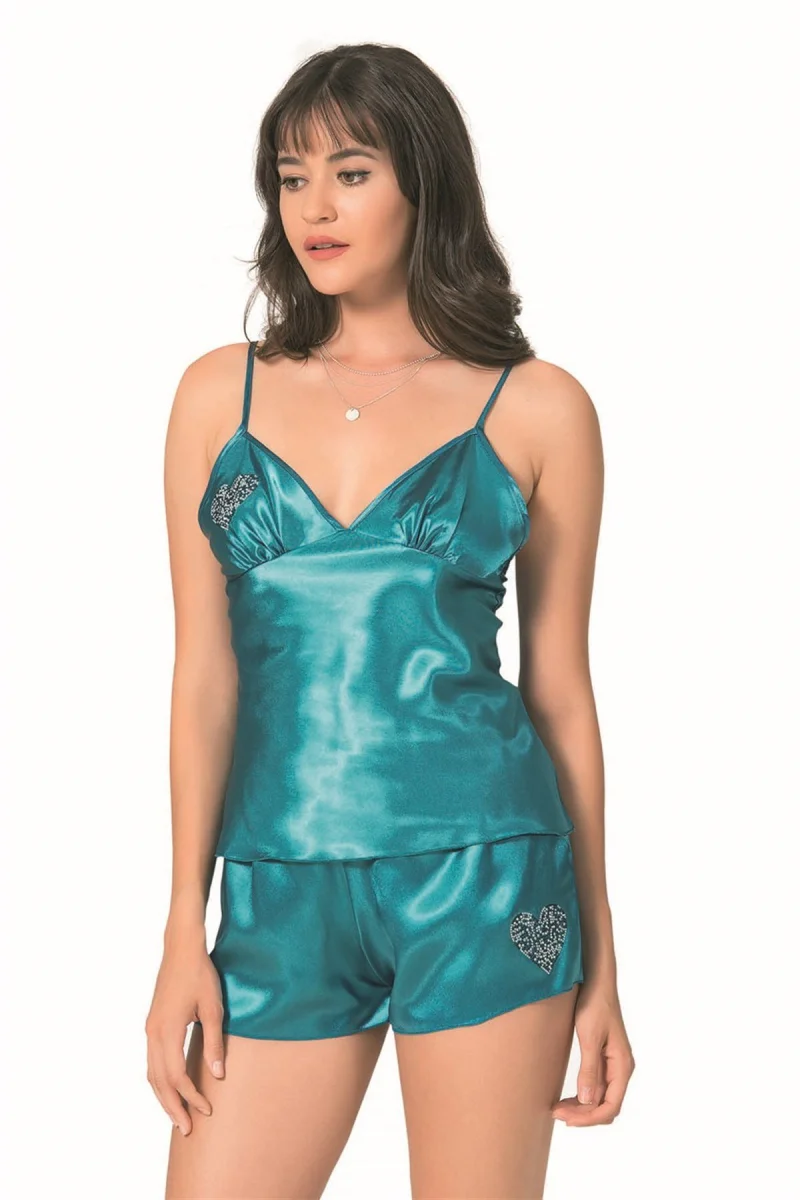 Petrol Saten Babydoll Şort Takımı