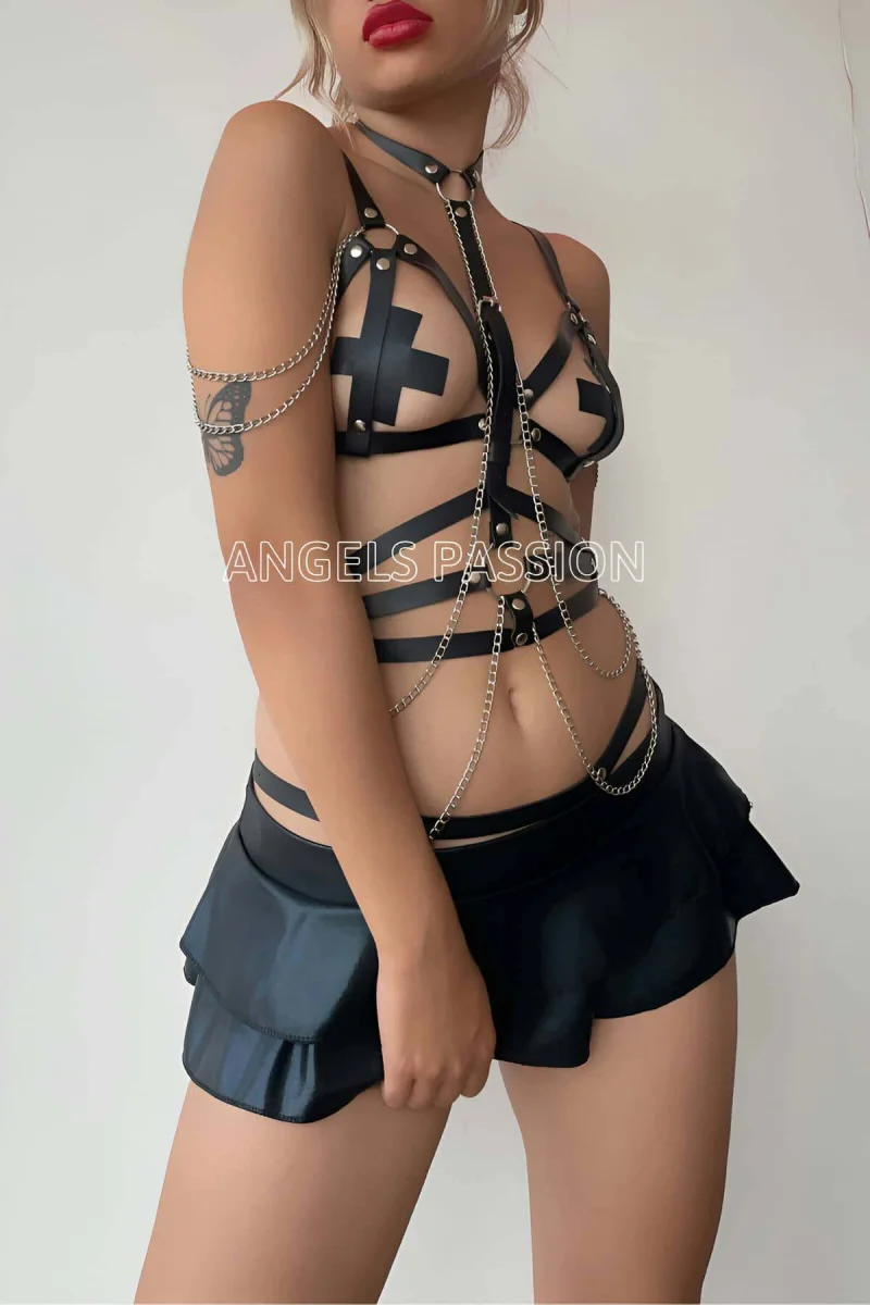 Siyah Deri Korse Harness Takım - Brf299