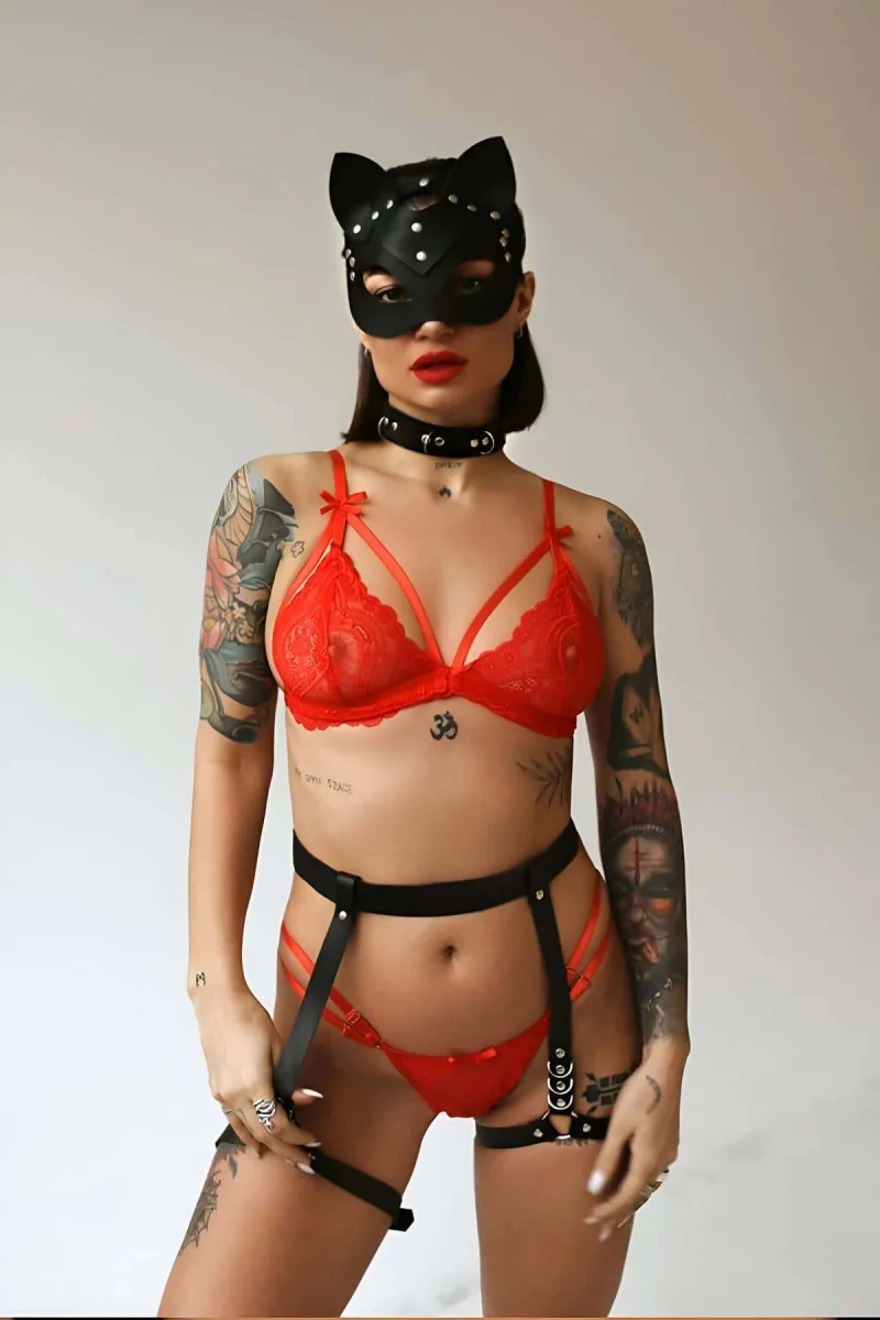 Seksi Deri Maske Tasma Ve Jartiyer Harness Takım - Brf783