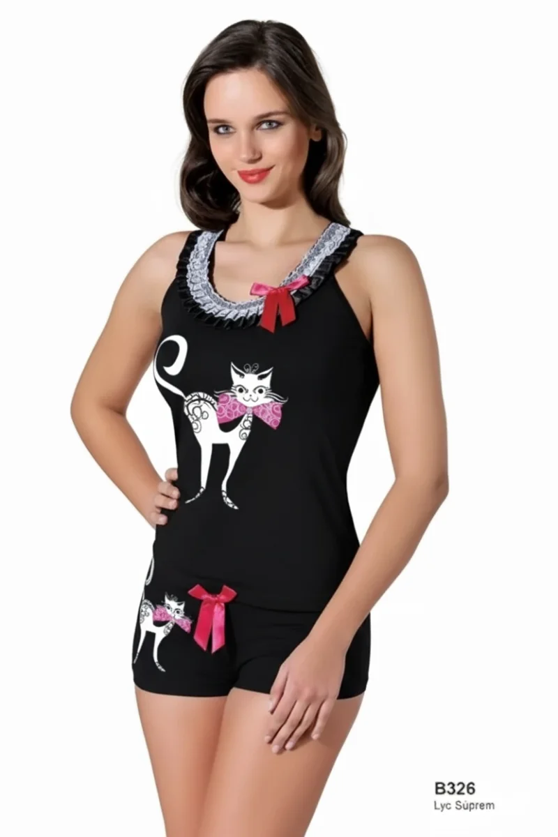 Kedi Baskılı Sporcu Şortlu Takım B326