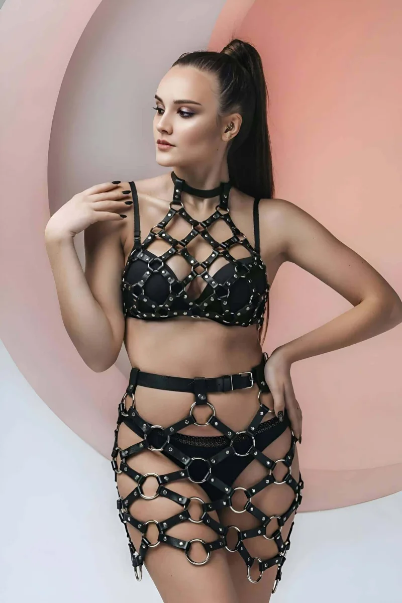 Çapraz Bağlı Crop Ve Etek Deri Fantazi Takım - Brf1289