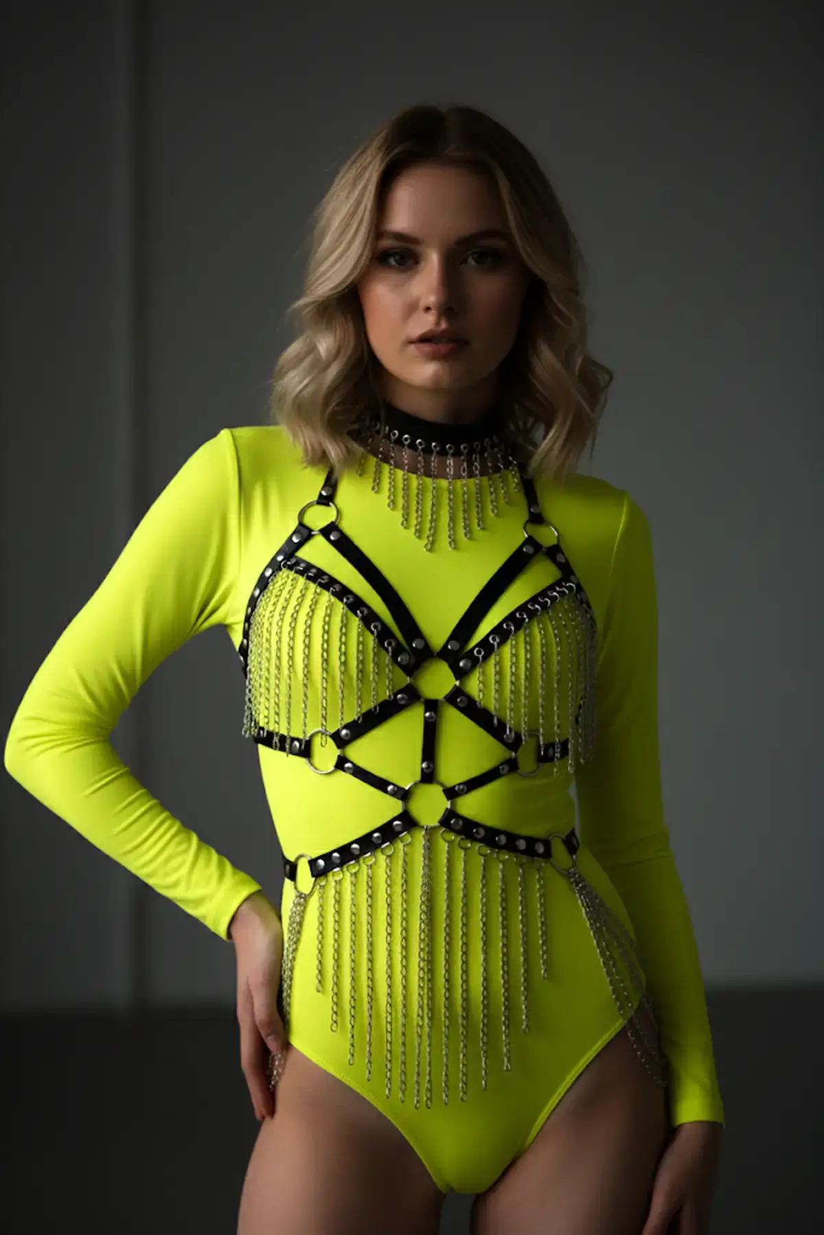 Zincirli Deri Harness, Deri Dansçı Kostüm, Choker Detaylı Deri Harness - Brf1397