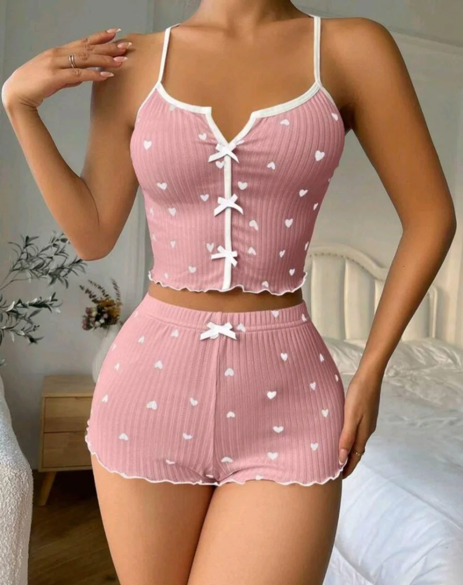 Kadın Pembe Kalpli Askılı Şortlu Pijama Takım 6654