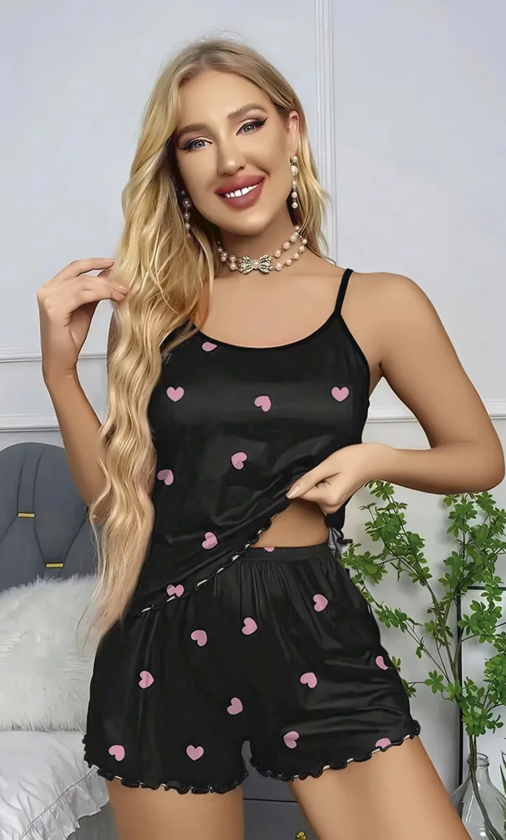Kadın Siyah Kalp Desenli Seksi Gecelik Takım 6660
