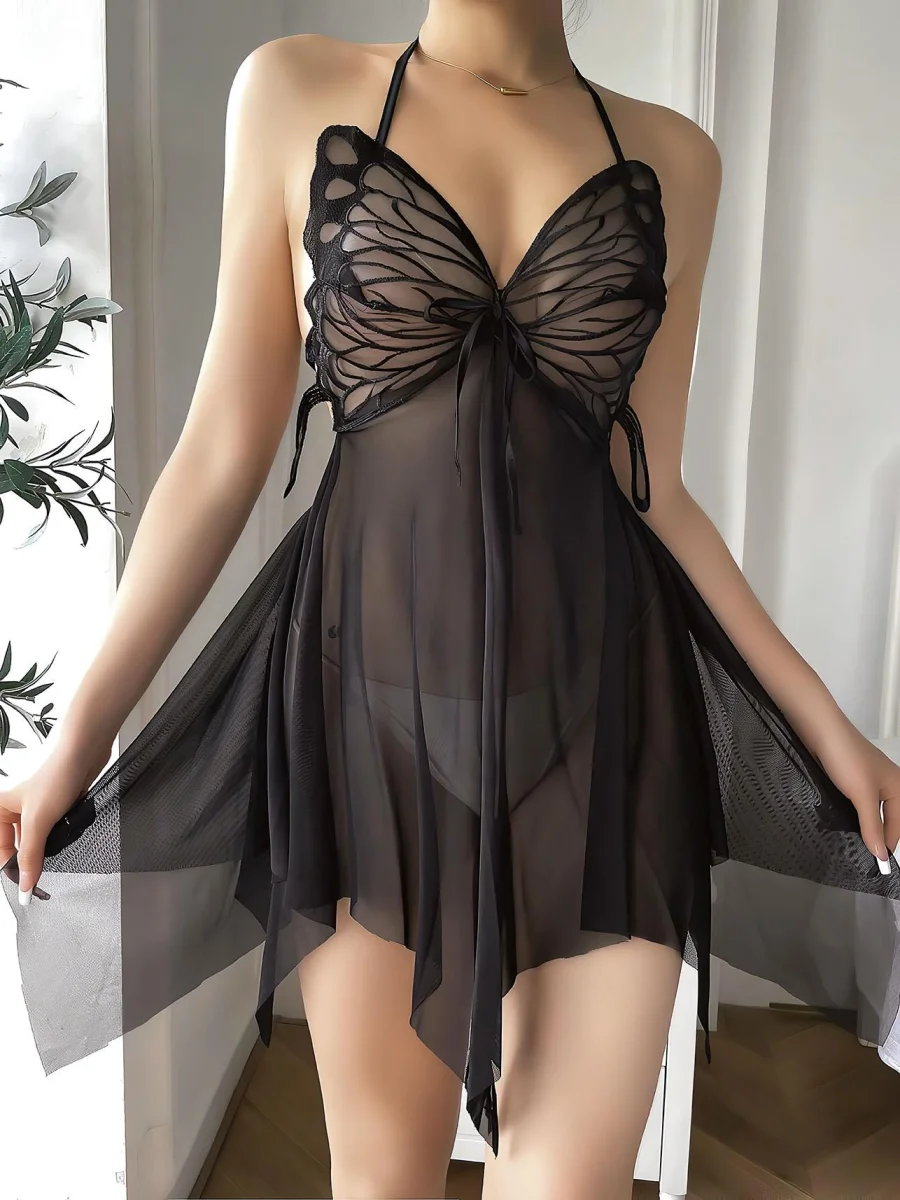 Siyah Kelebek İşlemeli Tül Fantezi Gecelik