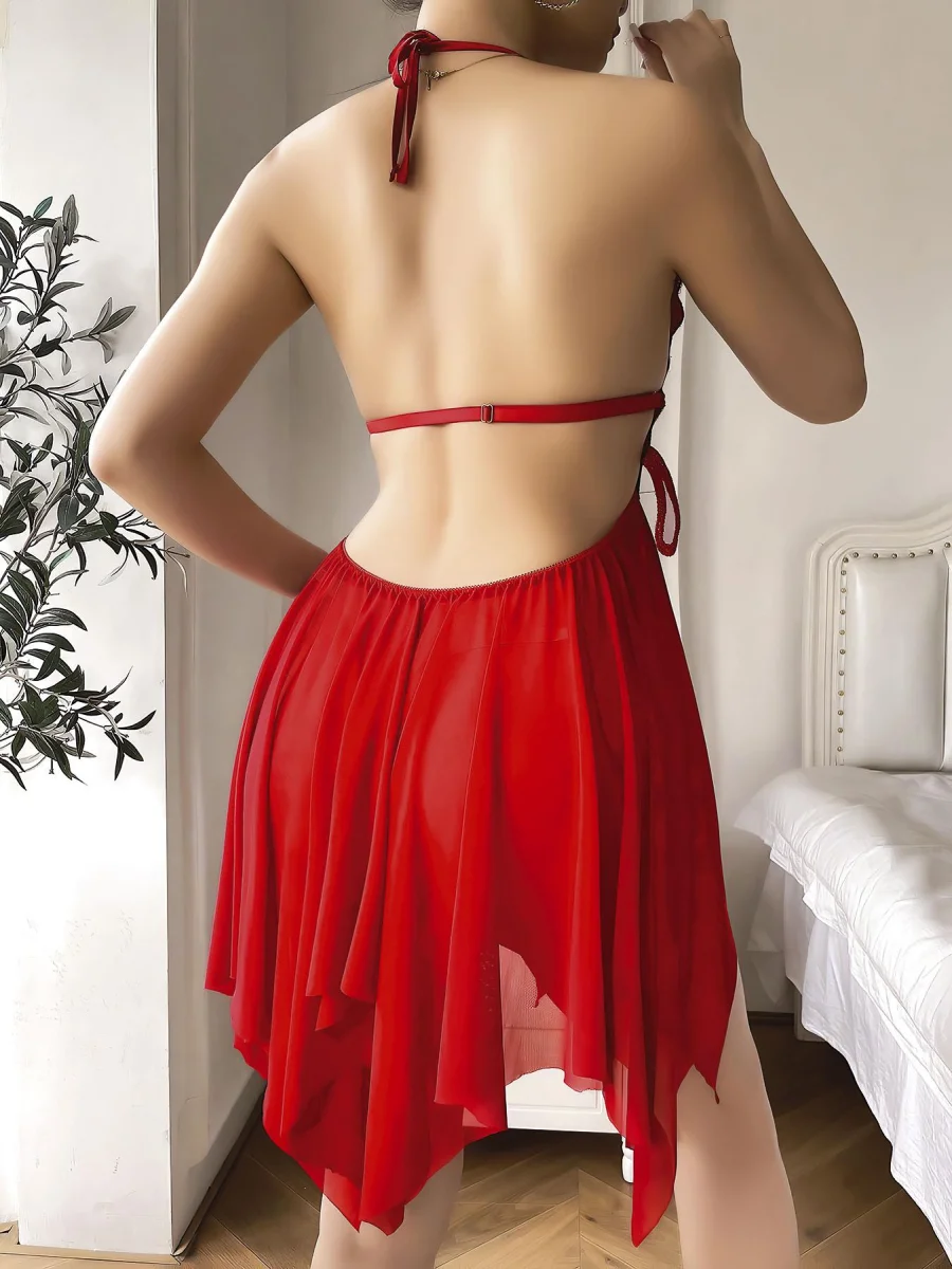 Kırmızı Kelebek İşlemeli Tül Fantezi Gecelik