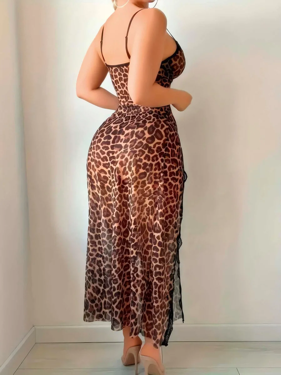 Leopar Desenli Yırtmaçlı Fantezi Uzun Gecelik