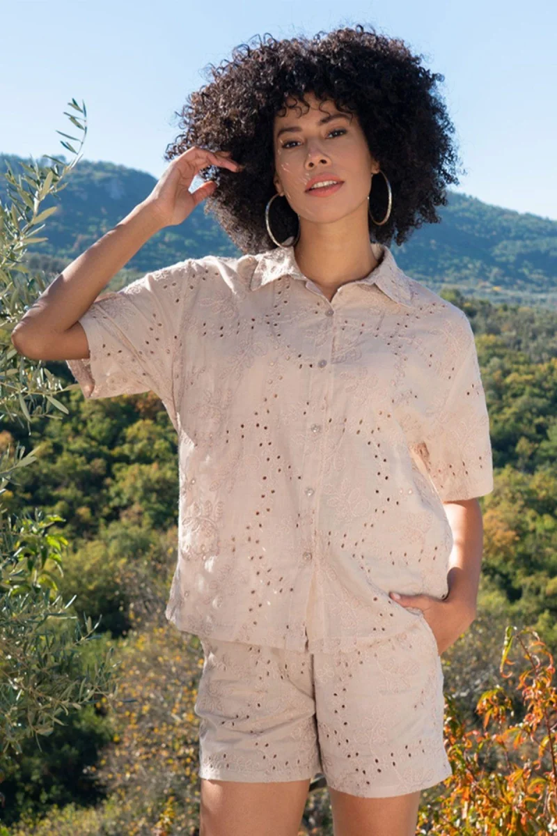 Kordone Nakışlı Kısa Kol Gömlek Kadın 410065