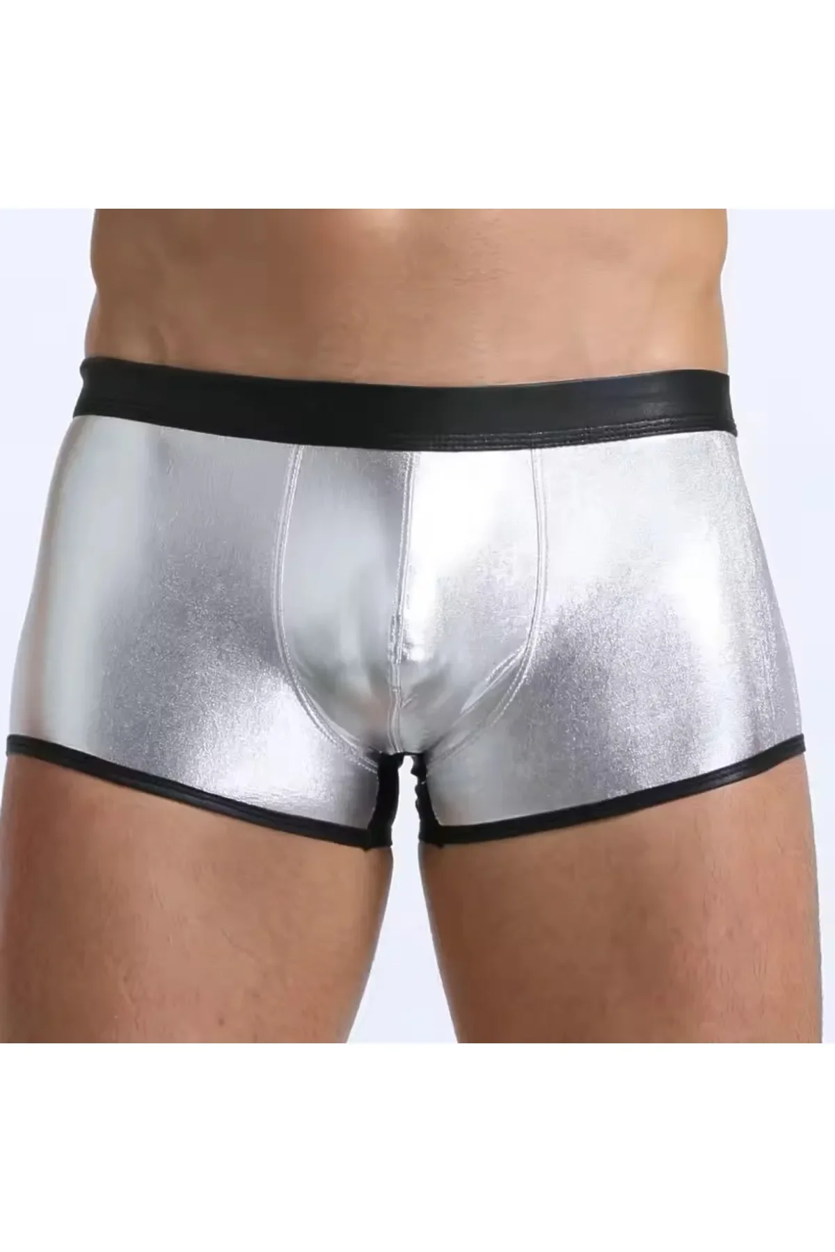 Fantezi Deri Görünümlü Gümüş Erkek Boxer Tanga