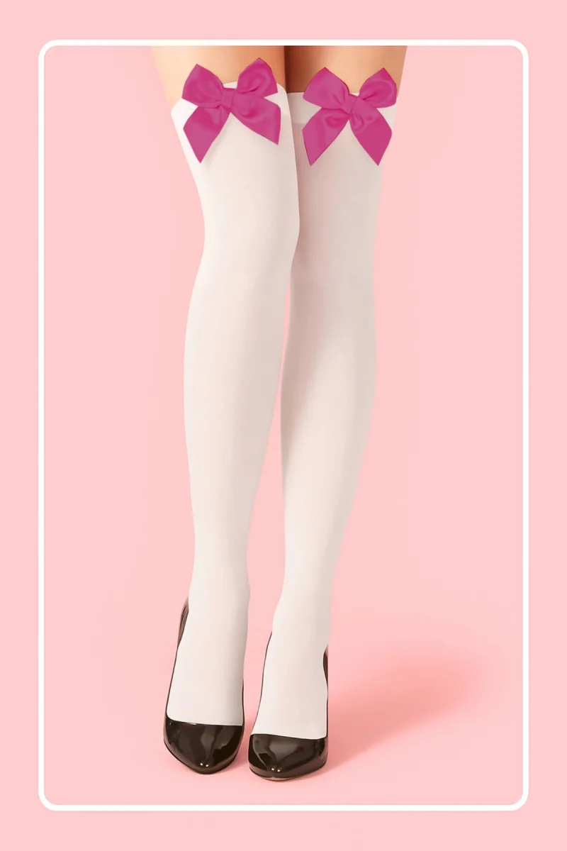 Fuşya Fiyonklu Beyaz Jartiyer Çorabı