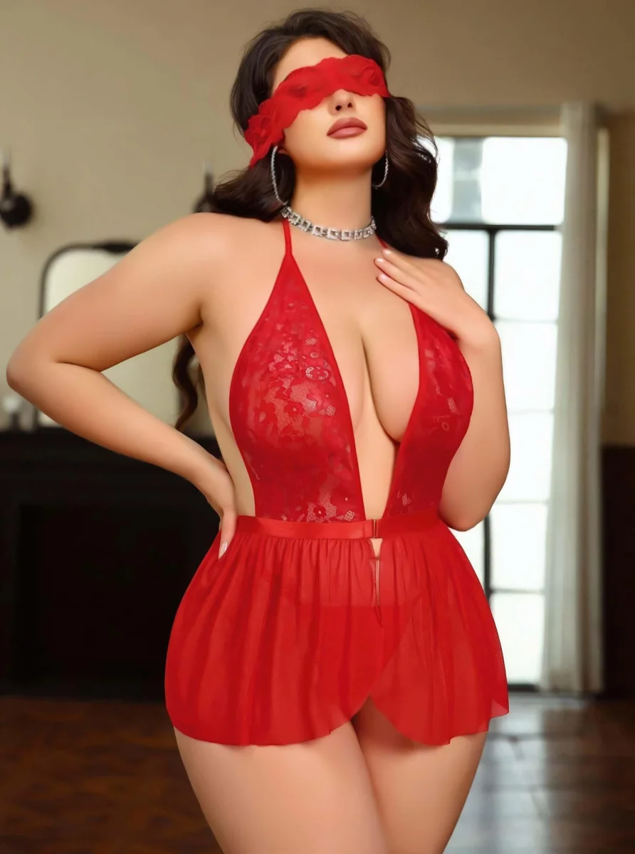 Kadın Dantel Göz Bantlı Boyundan Bağlamalı Fantazi Büyük Beden Gecelik  8001