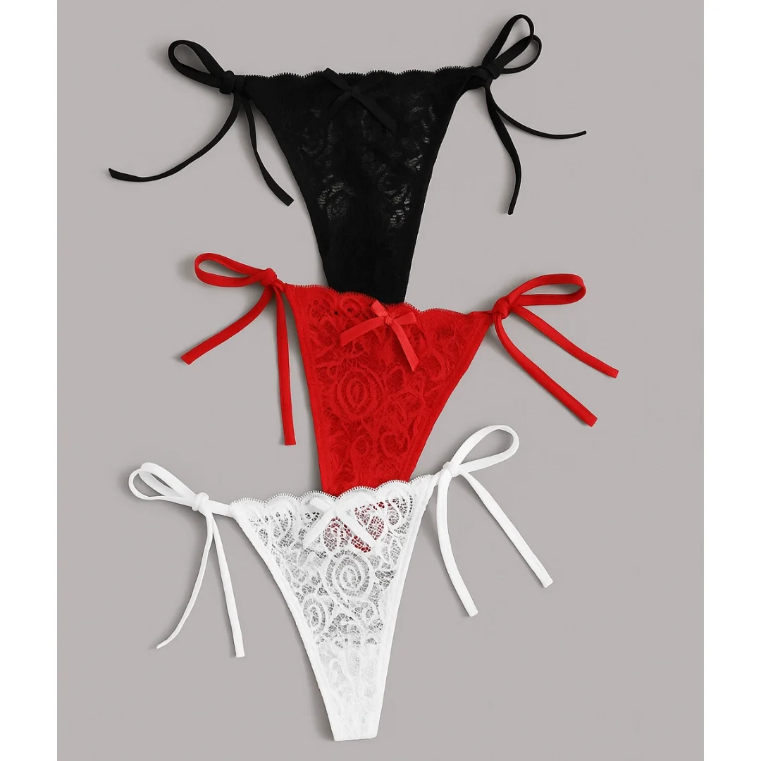 Kadın 3'lü Dantelli Yandan Bağlamalı Seksi Tanga