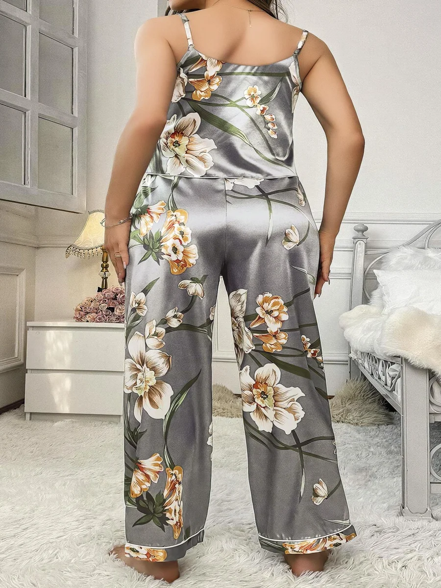 Büyük Beden Çiçek Desenli İnce Askılı Gri 2'li Takım