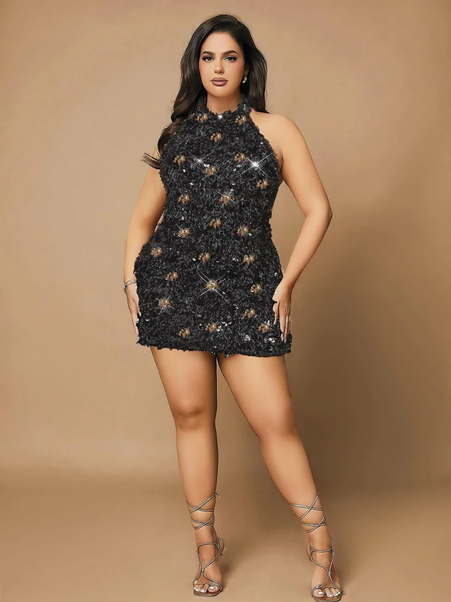 Özel Tasarım Büyük Beden Gold Payetli Parlak Işıltılı Siyah Mini Club Elbisesi