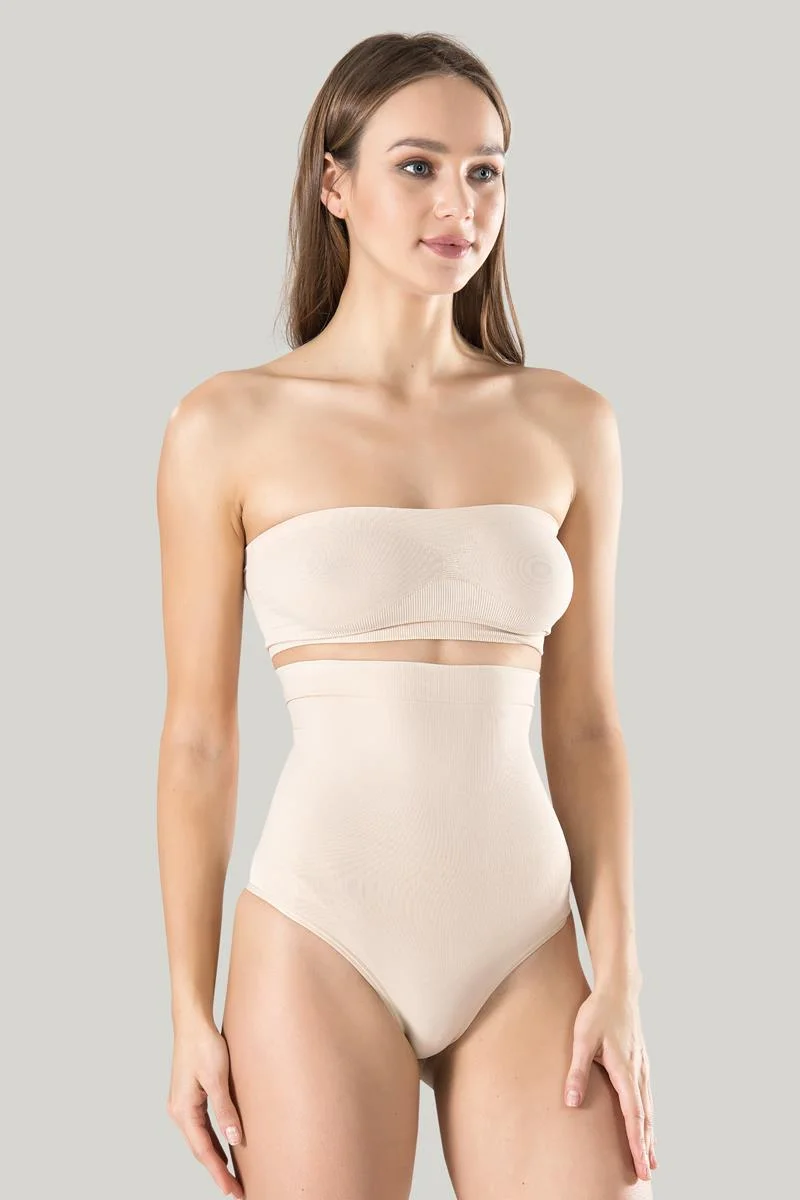 Kadın Ten Dikişsiz Eksta Yüksek Bel Silikon Mideli String 1 Beden Inceltici Külot Korse