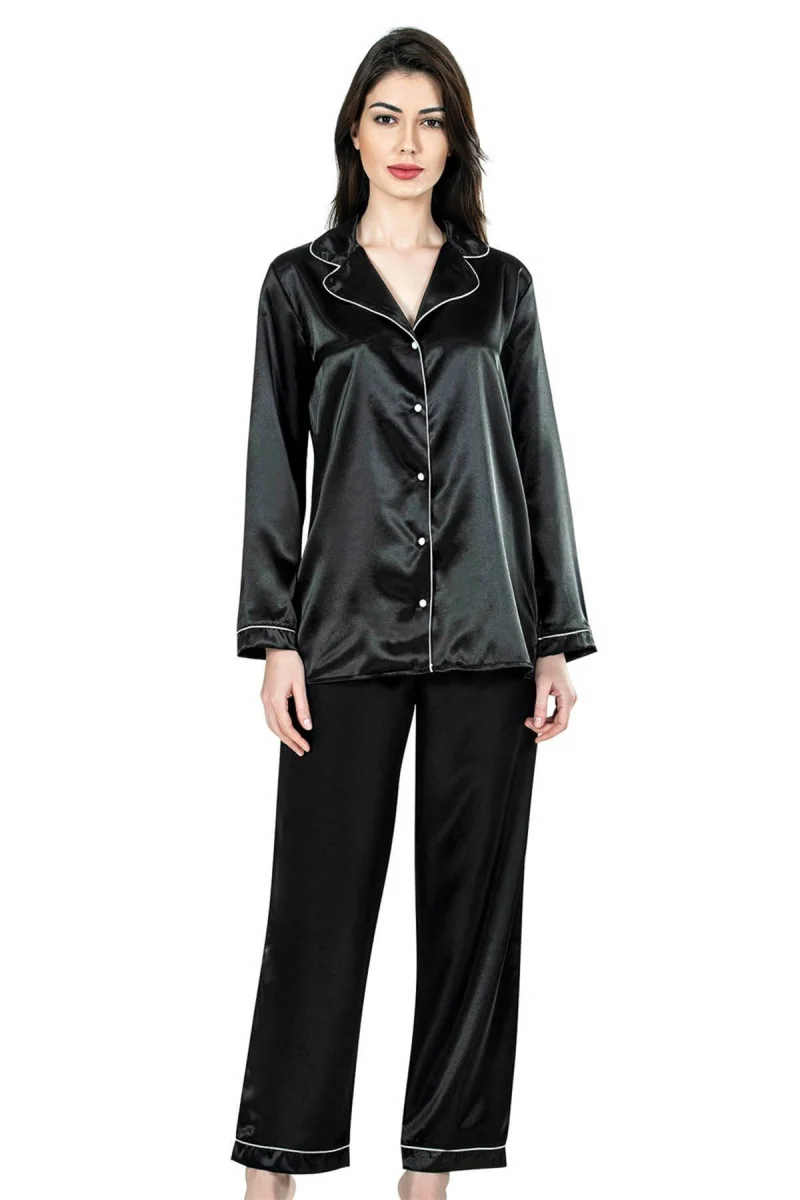 Siyah İkili Saten Gecelik Pijama Takımı 7647