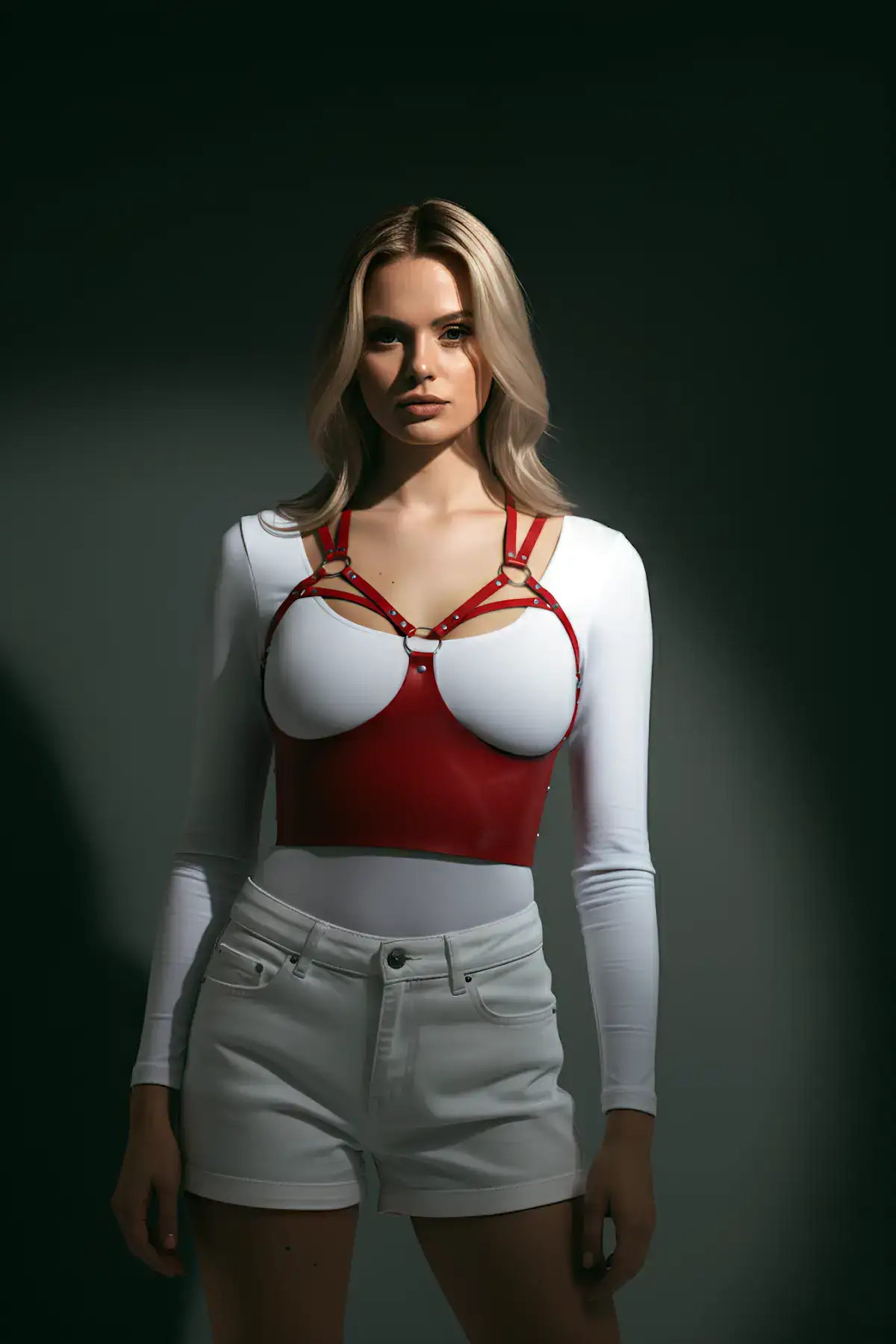 Göğüs Detaylı Deri Kırmız Harness Büstiyer, Şık Deri Korse - Brf872