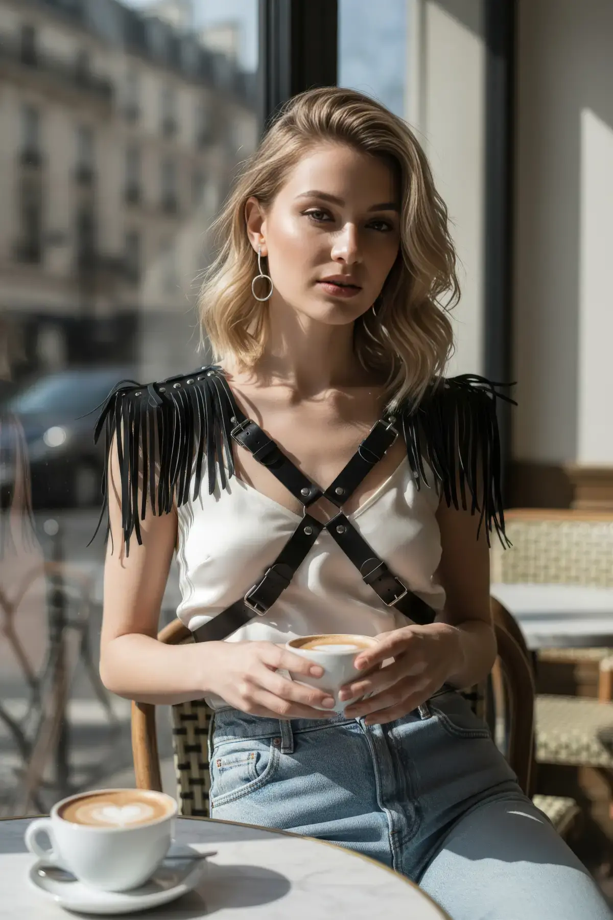 Siyah Kadın Kemer Püskül Detaylı Deri Vücut Aksesuarı - Brf1240